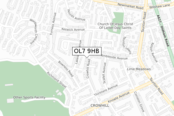 OL7 9HB map - large scale - OS Open Zoomstack (Ordnance Survey)