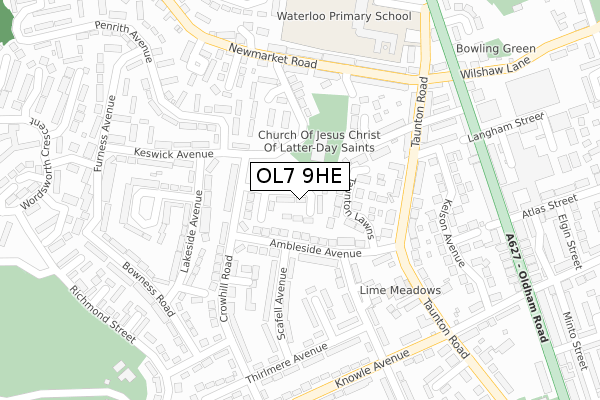 OL7 9HE map - large scale - OS Open Zoomstack (Ordnance Survey)