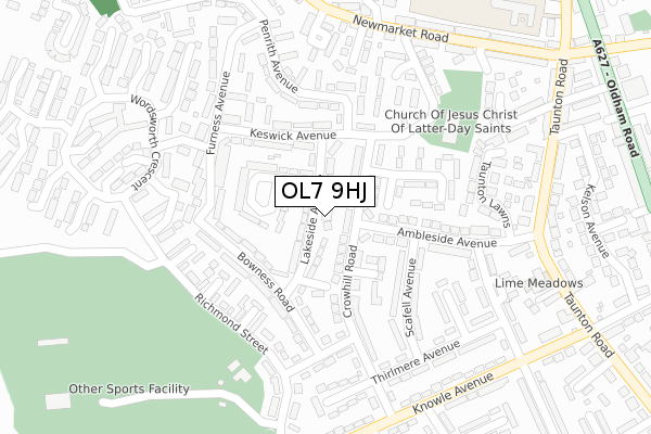 OL7 9HJ map - large scale - OS Open Zoomstack (Ordnance Survey)