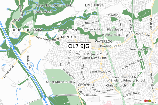 OL7 9JG map - small scale - OS Open Zoomstack (Ordnance Survey)