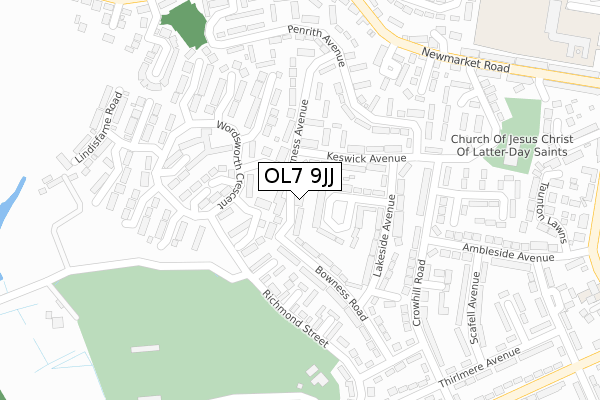 OL7 9JJ map - large scale - OS Open Zoomstack (Ordnance Survey)