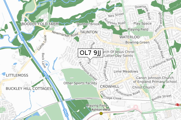 OL7 9JJ map - small scale - OS Open Zoomstack (Ordnance Survey)