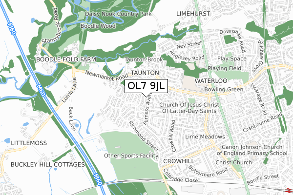 OL7 9JL map - small scale - OS Open Zoomstack (Ordnance Survey)