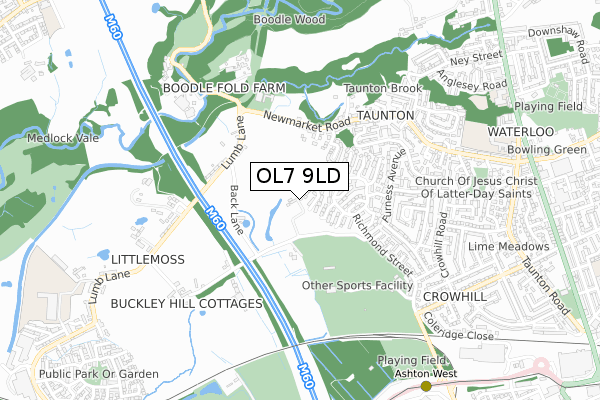 OL7 9LD map - small scale - OS Open Zoomstack (Ordnance Survey)