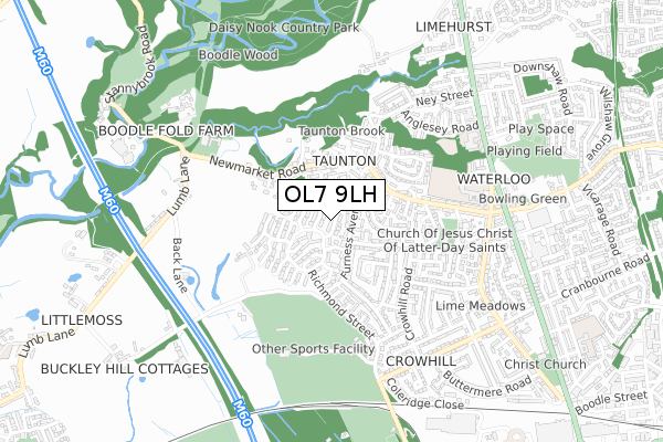 OL7 9LH map - small scale - OS Open Zoomstack (Ordnance Survey)