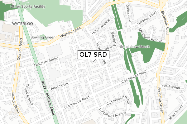 OL7 9RD map - large scale - OS Open Zoomstack (Ordnance Survey)