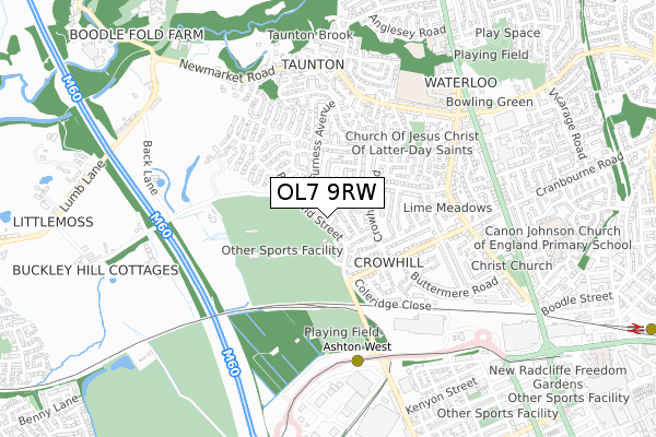 OL7 9RW map - small scale - OS Open Zoomstack (Ordnance Survey)