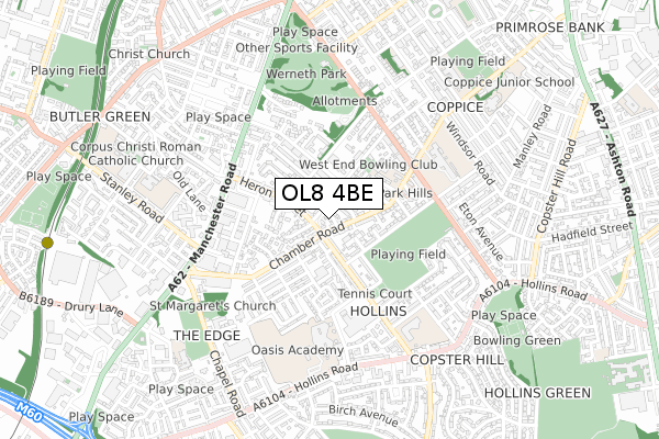 OL8 4BE map - small scale - OS Open Zoomstack (Ordnance Survey)