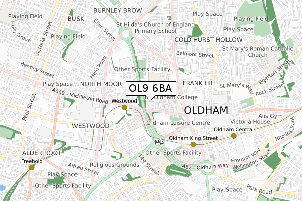 OL9 6BA map - small scale - OS Open Zoomstack (Ordnance Survey)