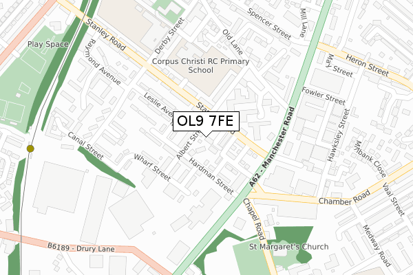 OL9 7FE map - large scale - OS Open Zoomstack (Ordnance Survey)