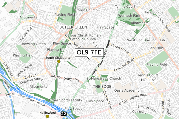 OL9 7FE map - small scale - OS Open Zoomstack (Ordnance Survey)