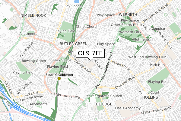 OL9 7FF map - small scale - OS Open Zoomstack (Ordnance Survey)