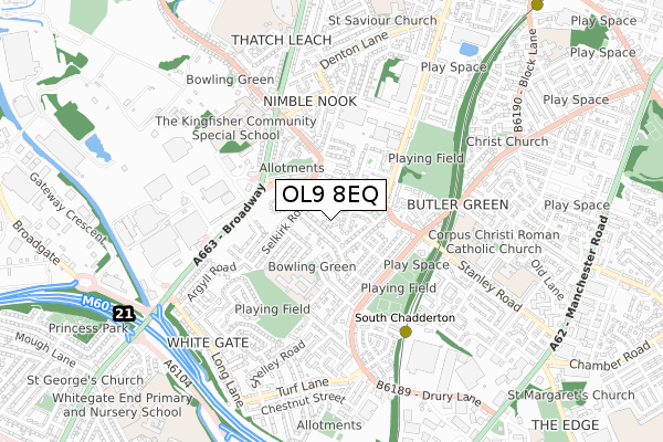 OL9 8EQ map - small scale - OS Open Zoomstack (Ordnance Survey)