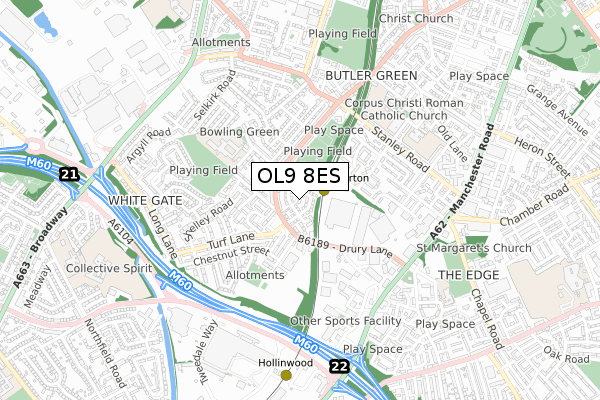 OL9 8ES map - small scale - OS Open Zoomstack (Ordnance Survey)