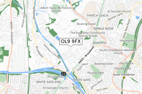 OL9 9FX map - small scale - OS Open Zoomstack (Ordnance Survey)