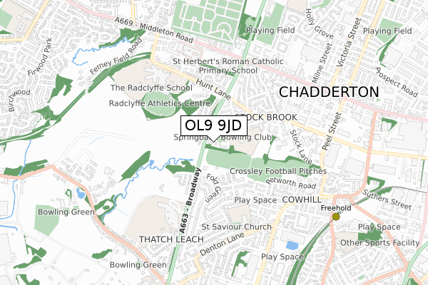 OL9 9JD map - small scale - OS Open Zoomstack (Ordnance Survey)