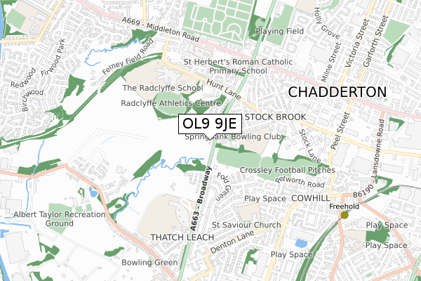 OL9 9JE map - small scale - OS Open Zoomstack (Ordnance Survey)