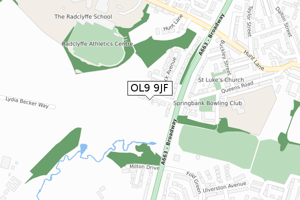 OL9 9JF map - large scale - OS Open Zoomstack (Ordnance Survey)