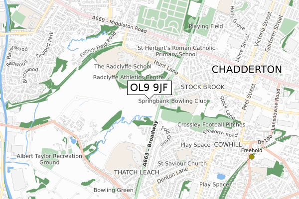 OL9 9JF map - small scale - OS Open Zoomstack (Ordnance Survey)