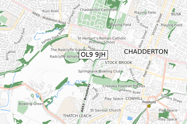 OL9 9JH map - small scale - OS Open Zoomstack (Ordnance Survey)