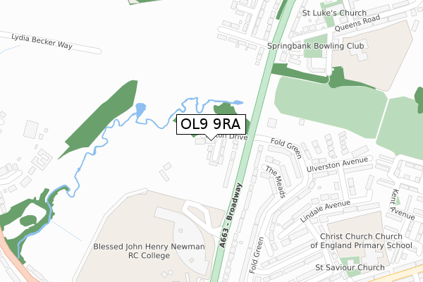 OL9 9RA map - large scale - OS Open Zoomstack (Ordnance Survey)