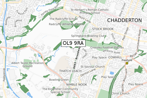 OL9 9RA map - small scale - OS Open Zoomstack (Ordnance Survey)