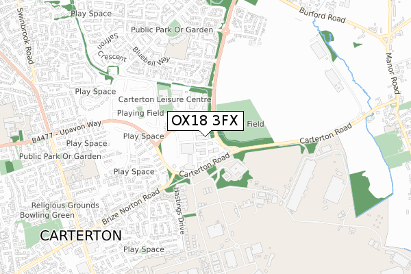 OX18 3FX map - small scale - OS Open Zoomstack (Ordnance Survey)