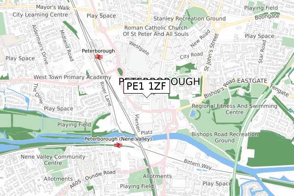 PE1 1ZF map - small scale - OS Open Zoomstack (Ordnance Survey)