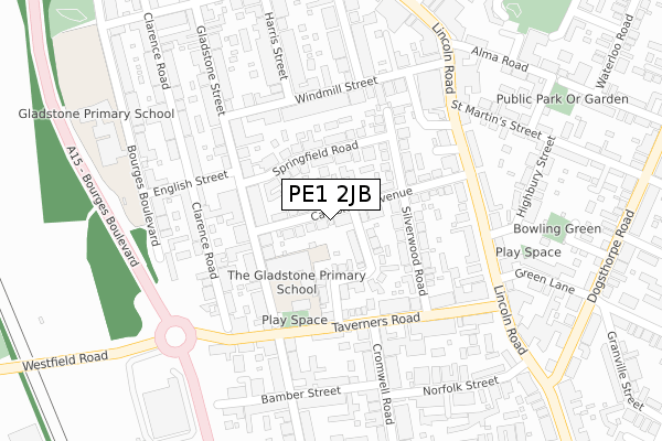 PE1 2JB map - large scale - OS Open Zoomstack (Ordnance Survey)