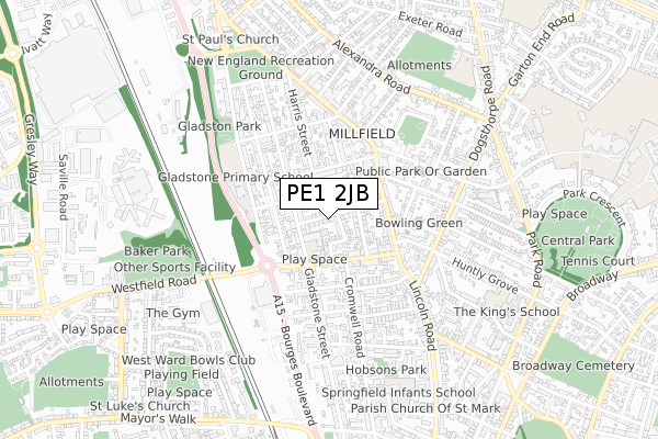 PE1 2JB map - small scale - OS Open Zoomstack (Ordnance Survey)