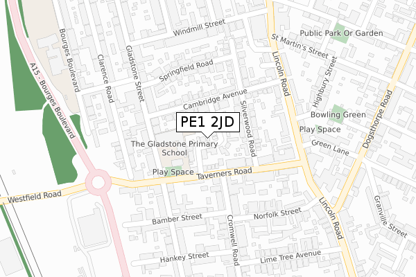 PE1 2JD map - large scale - OS Open Zoomstack (Ordnance Survey)