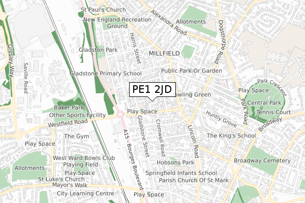 PE1 2JD map - small scale - OS Open Zoomstack (Ordnance Survey)