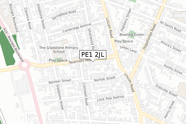 PE1 2JL map - large scale - OS Open Zoomstack (Ordnance Survey)