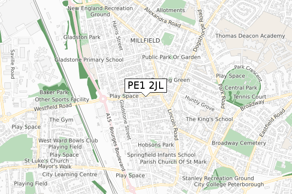 PE1 2JL map - small scale - OS Open Zoomstack (Ordnance Survey)