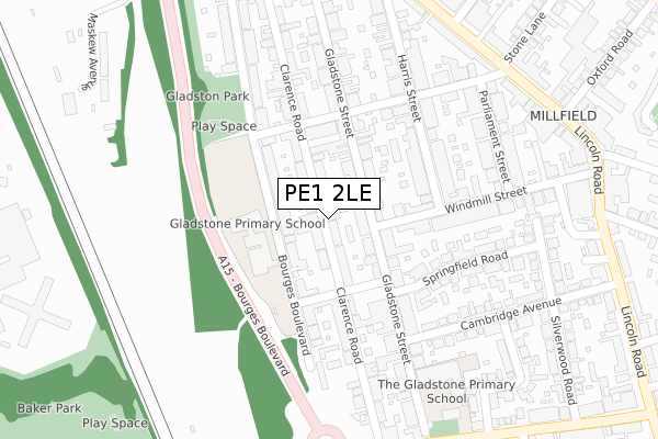 PE1 2LE map - large scale - OS Open Zoomstack (Ordnance Survey)