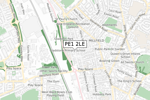 PE1 2LE map - small scale - OS Open Zoomstack (Ordnance Survey)