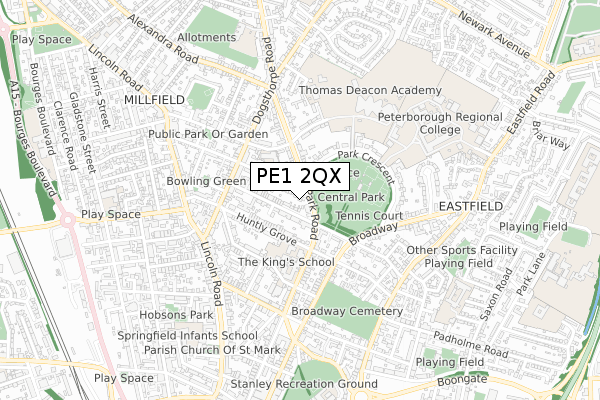 PE1 2QX map - small scale - OS Open Zoomstack (Ordnance Survey)