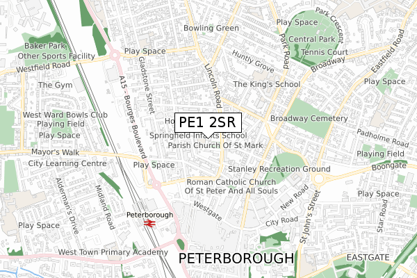 PE1 2SR map - small scale - OS Open Zoomstack (Ordnance Survey)