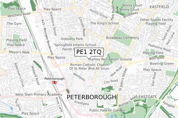 PE1 2TQ map - small scale - OS Open Zoomstack (Ordnance Survey)