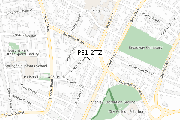 PE1 2TZ map - large scale - OS Open Zoomstack (Ordnance Survey)