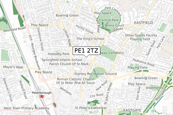 PE1 2TZ map - small scale - OS Open Zoomstack (Ordnance Survey)