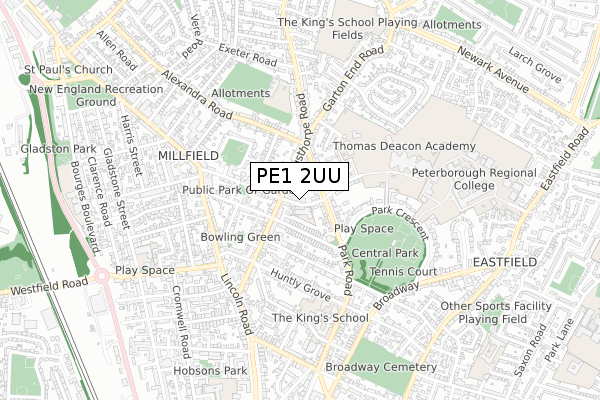 PE1 2UU map - small scale - OS Open Zoomstack (Ordnance Survey)