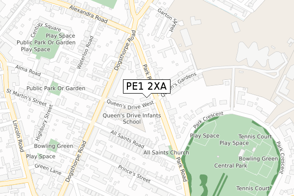 PE1 2XA map - large scale - OS Open Zoomstack (Ordnance Survey)