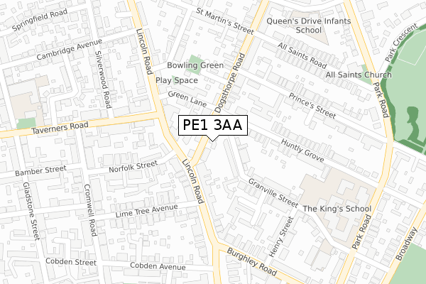 PE1 3AA map - large scale - OS Open Zoomstack (Ordnance Survey)