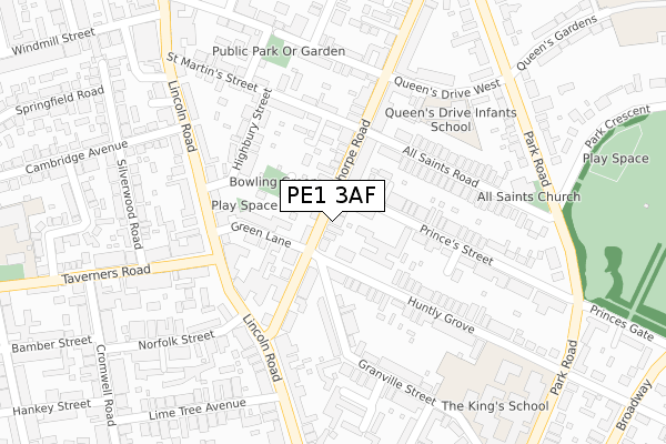 PE1 3AF map - large scale - OS Open Zoomstack (Ordnance Survey)