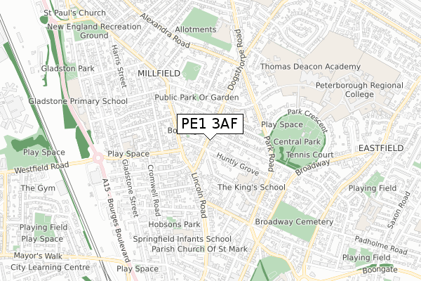 PE1 3AF map - small scale - OS Open Zoomstack (Ordnance Survey)