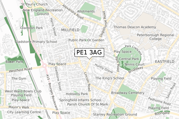 PE1 3AG map - small scale - OS Open Zoomstack (Ordnance Survey)