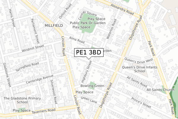 PE1 3BD map - large scale - OS Open Zoomstack (Ordnance Survey)