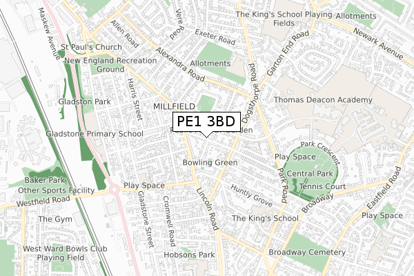 PE1 3BD map - small scale - OS Open Zoomstack (Ordnance Survey)