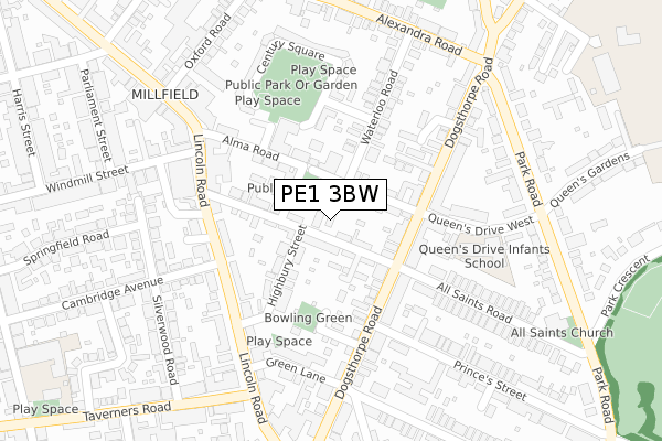 PE1 3BW map - large scale - OS Open Zoomstack (Ordnance Survey)